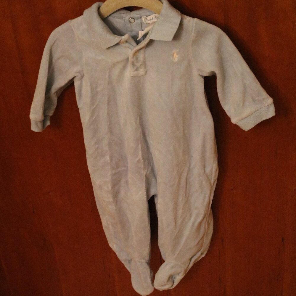 Ralph Lauren Baby Pale Blue Velour Long Sleeve Footed Onesie Sz 9M
